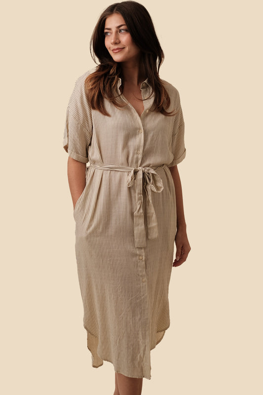Things Between Kate Striped Collared Midi Dress (Beige)