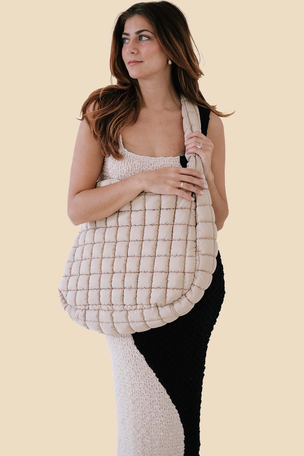 Ivory Slouchy Quilted Puffer Tote Bag