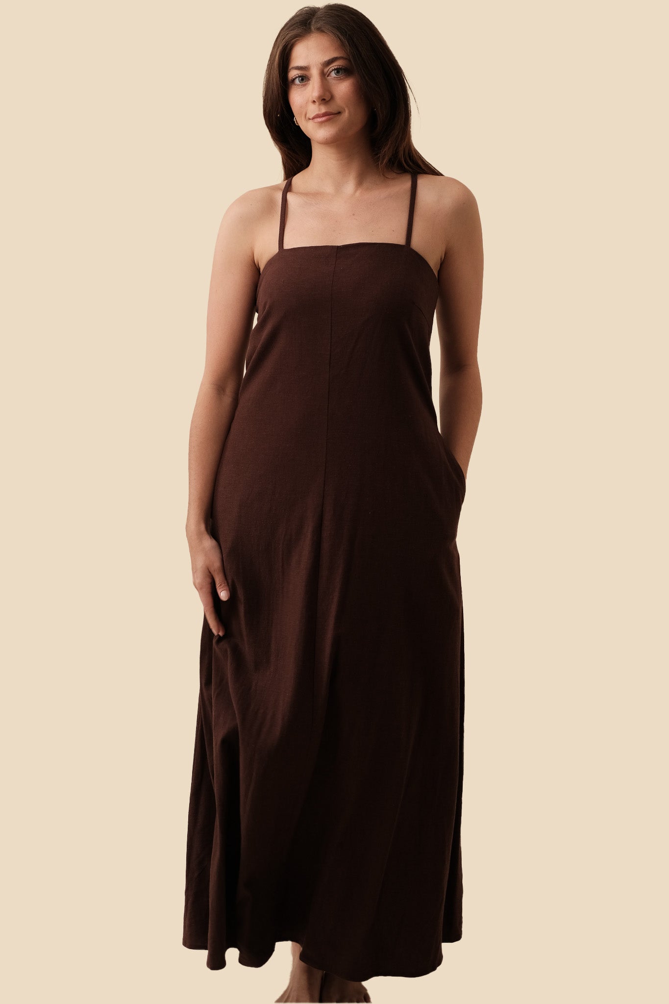 FRNCH Anella Chocolate Linen Sleeveless Maxi Dress (L)