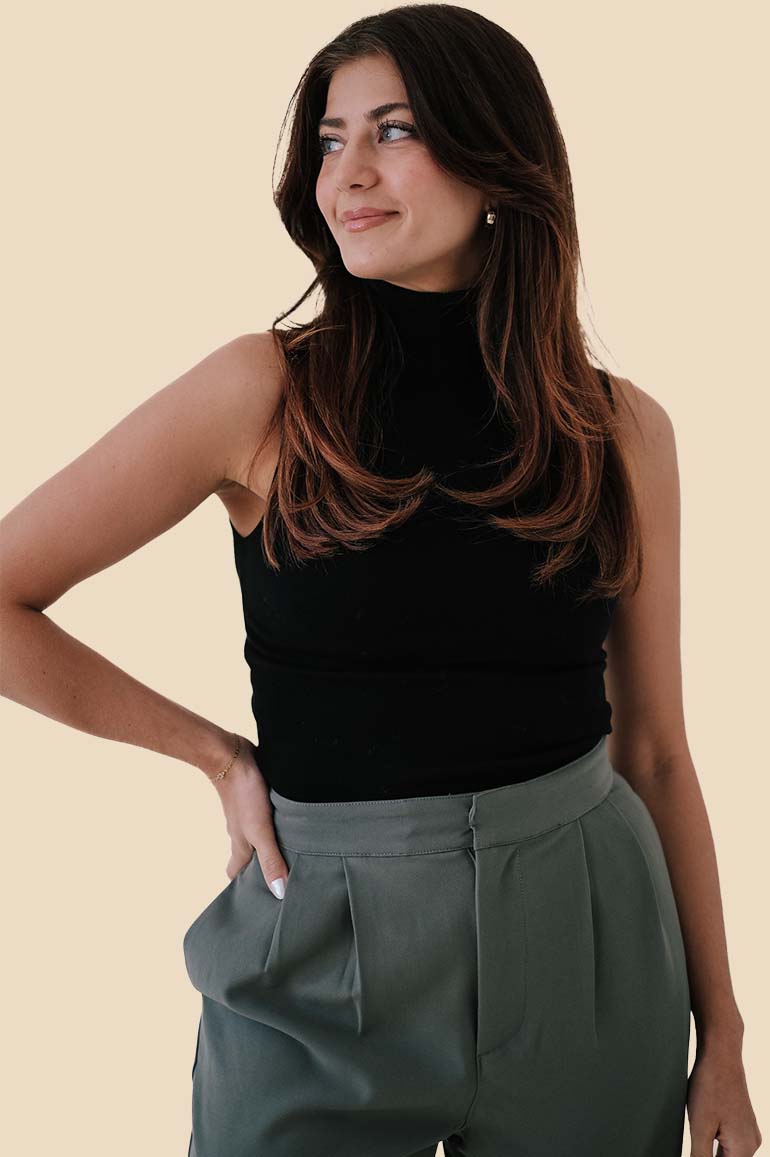 Molly Bracken Pearl Black Sleeveless Turtleneck Knit Top