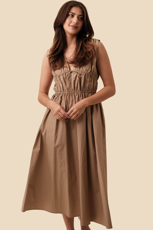 Khloe Cinched Waist Sleeveless Midi Dress (Latte)