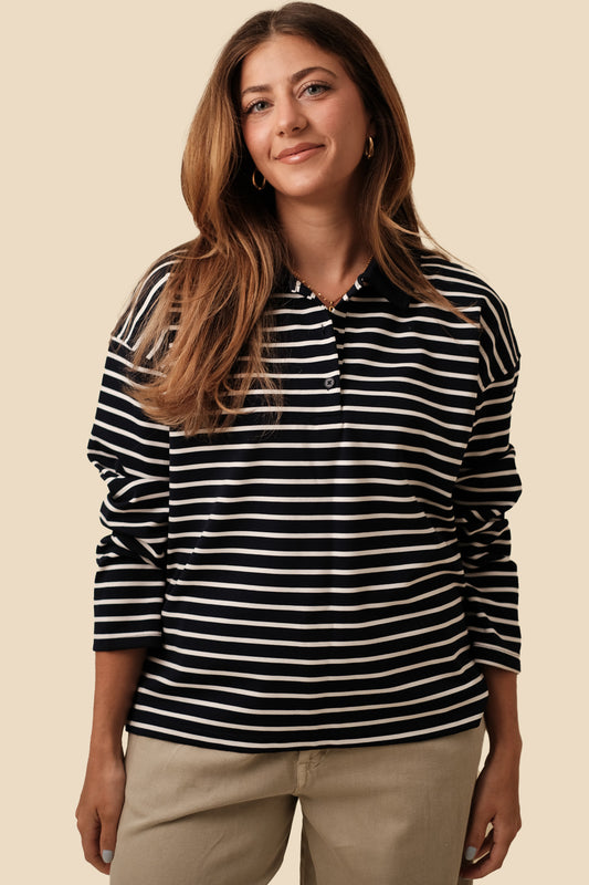 Gale Navy Stripe Collared Long Sleeve Polo Top