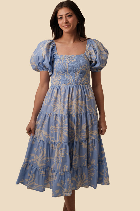 PINCH Gia Floral Outline Puff Sleeve Midi Dress (Blue)