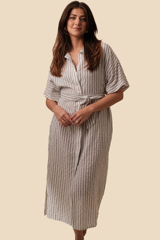 Harmony Soft Stripe Belted Midi Dress (Grey)