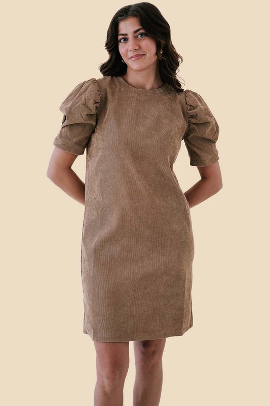 Molly Bracken Noel Corduroy Puff Sleeve Mini Dress (Brown)(S)