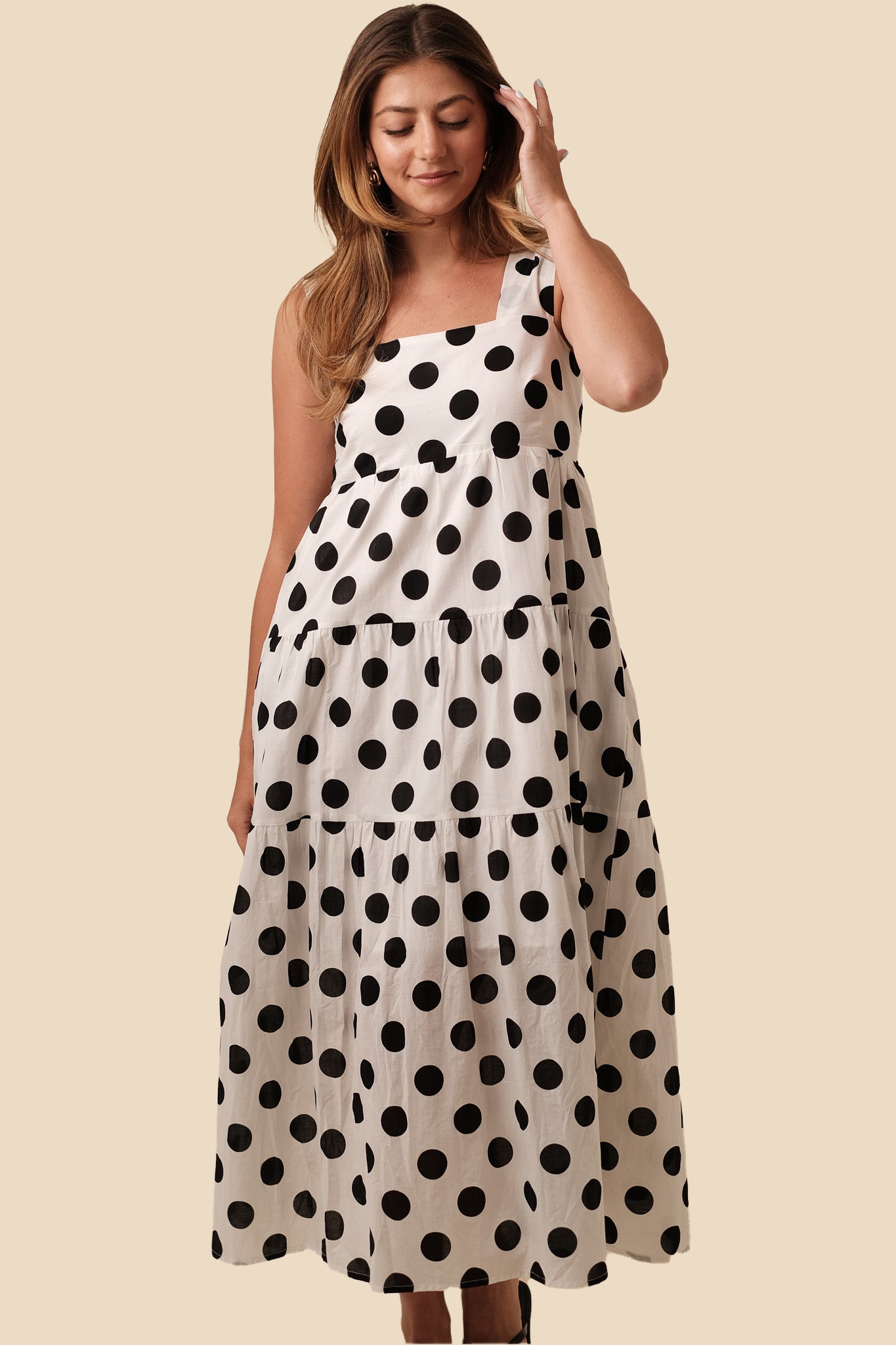 Aureum Maria Polka Dot Tiered Tank Midi Dress