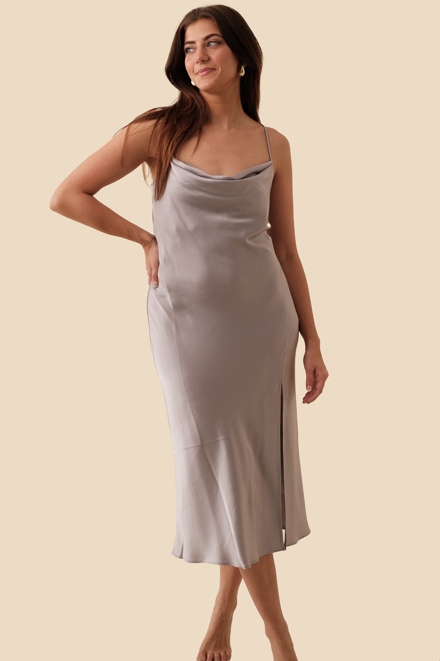 Lucy Paris Maya Slate Grey Satin Slip Midi Dress
