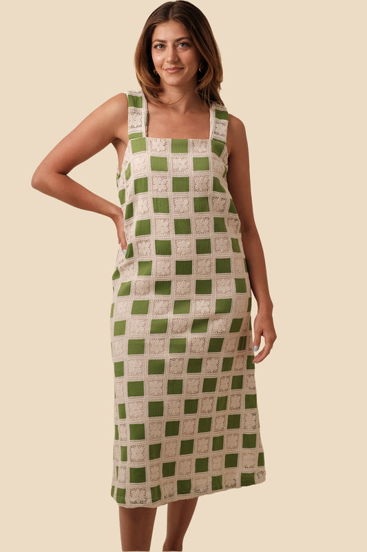 Aureum Mia Crochet Checkered Tank Midi Dress (Green)