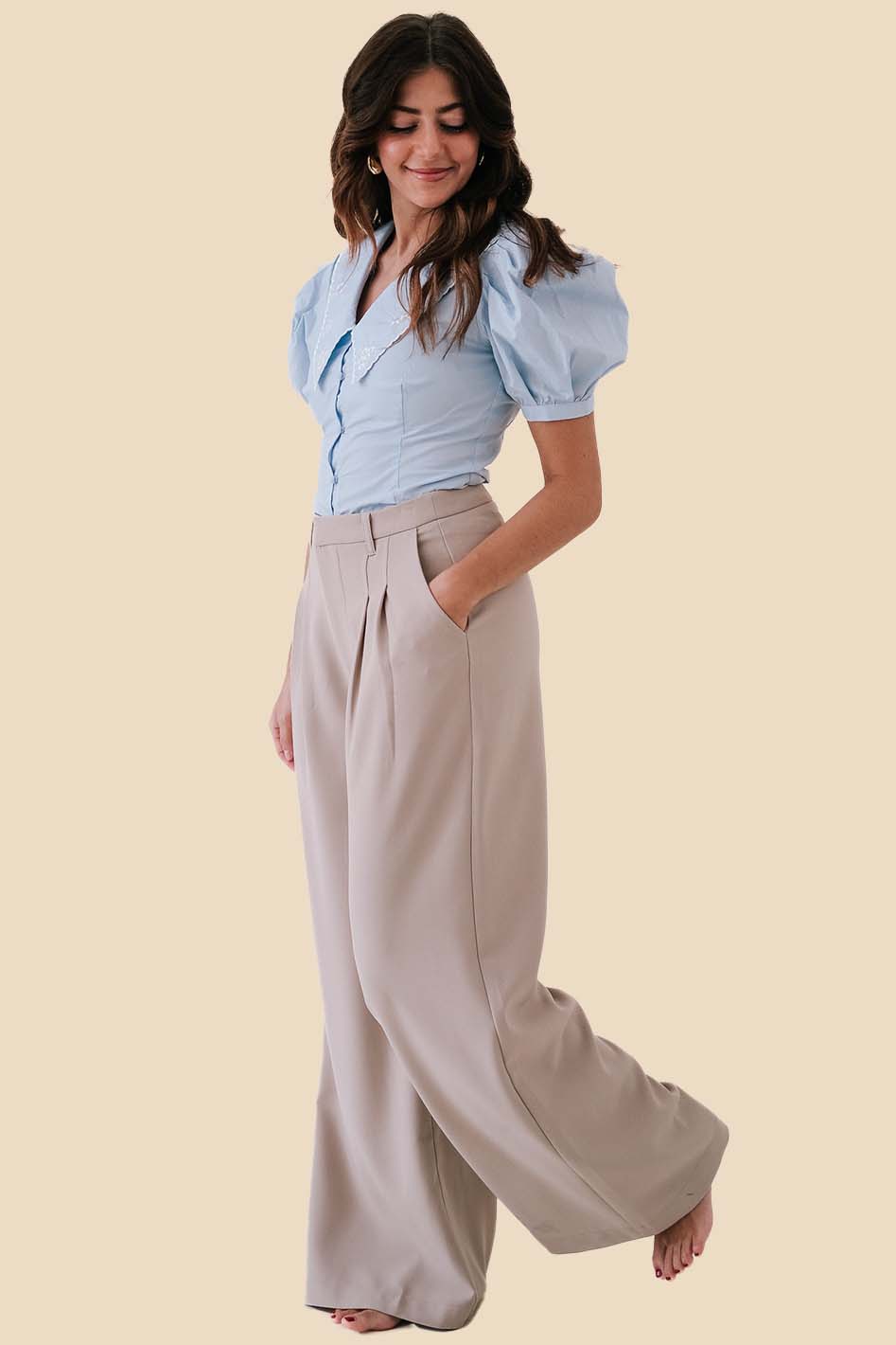 Greylin Stanley Khaki Wide Leg Trousers