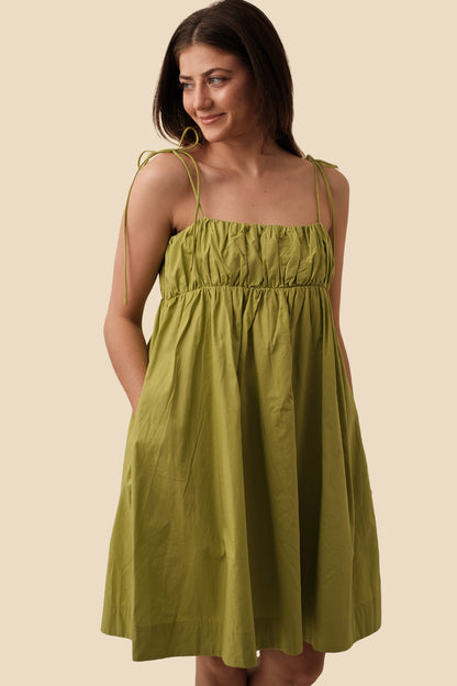 Aureum Issy Green Shirred Poplin Mini Dress