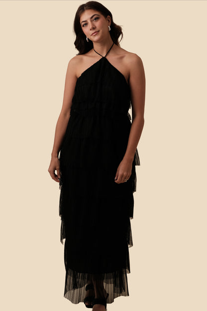 Bria Pleated Tulle Halter Maxi Dress (Black)