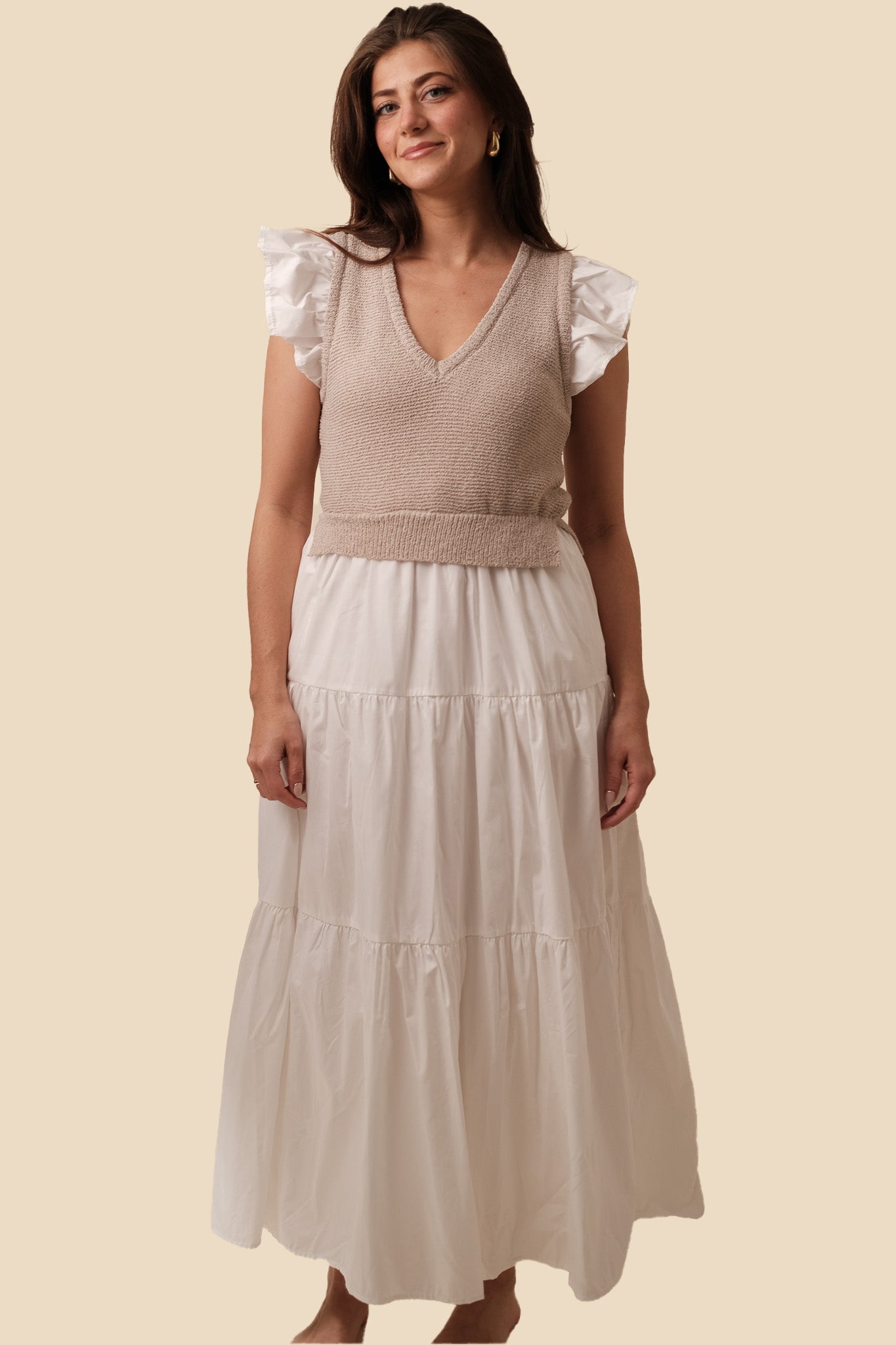 Sofie the Label Clover Flutter Sleeve Midi Dress (White) S