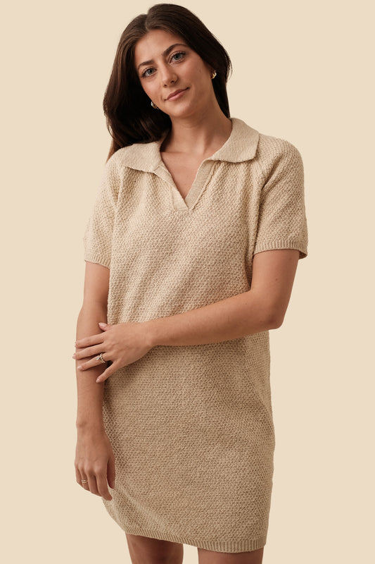 Things Between Izzy Beige Knit Collared Mini Dress