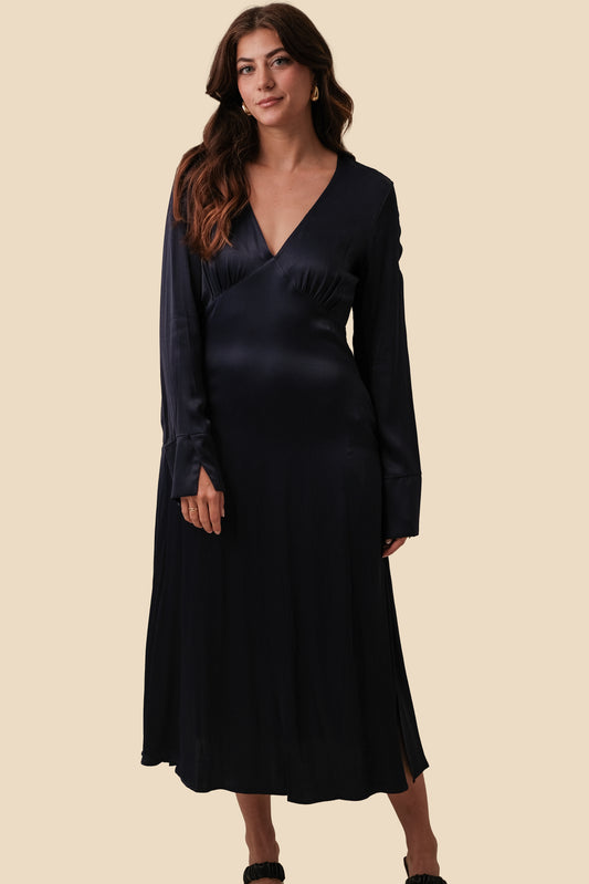 FRNCH Lisna Navy Sheen Long Sleeve Midi Dress (XS)