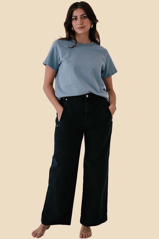 FRNCH Bridget Black Washed Denim Wide Leg Jeans