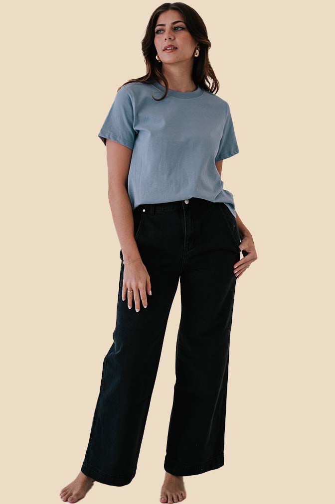FRNCH Bridget Black Washed Denim Wide Leg Jeans