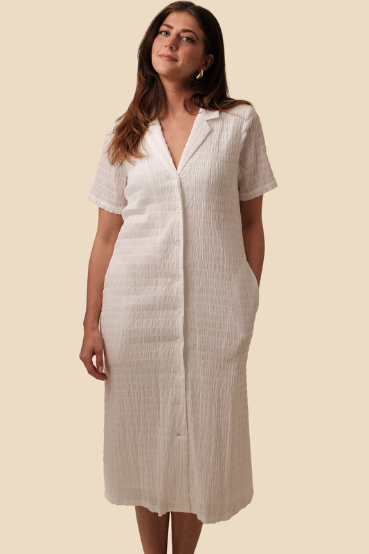 FRNCH Coline Woven Crinkled Collar Shirt Midi Dress (White)