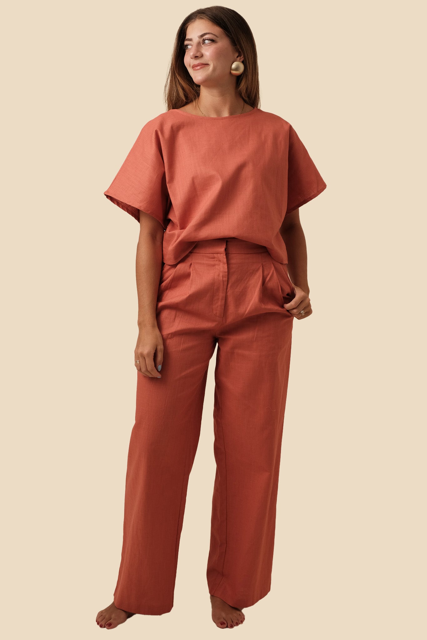 Lucy Paris Burnt Orange Joey Linen Pleated Pants