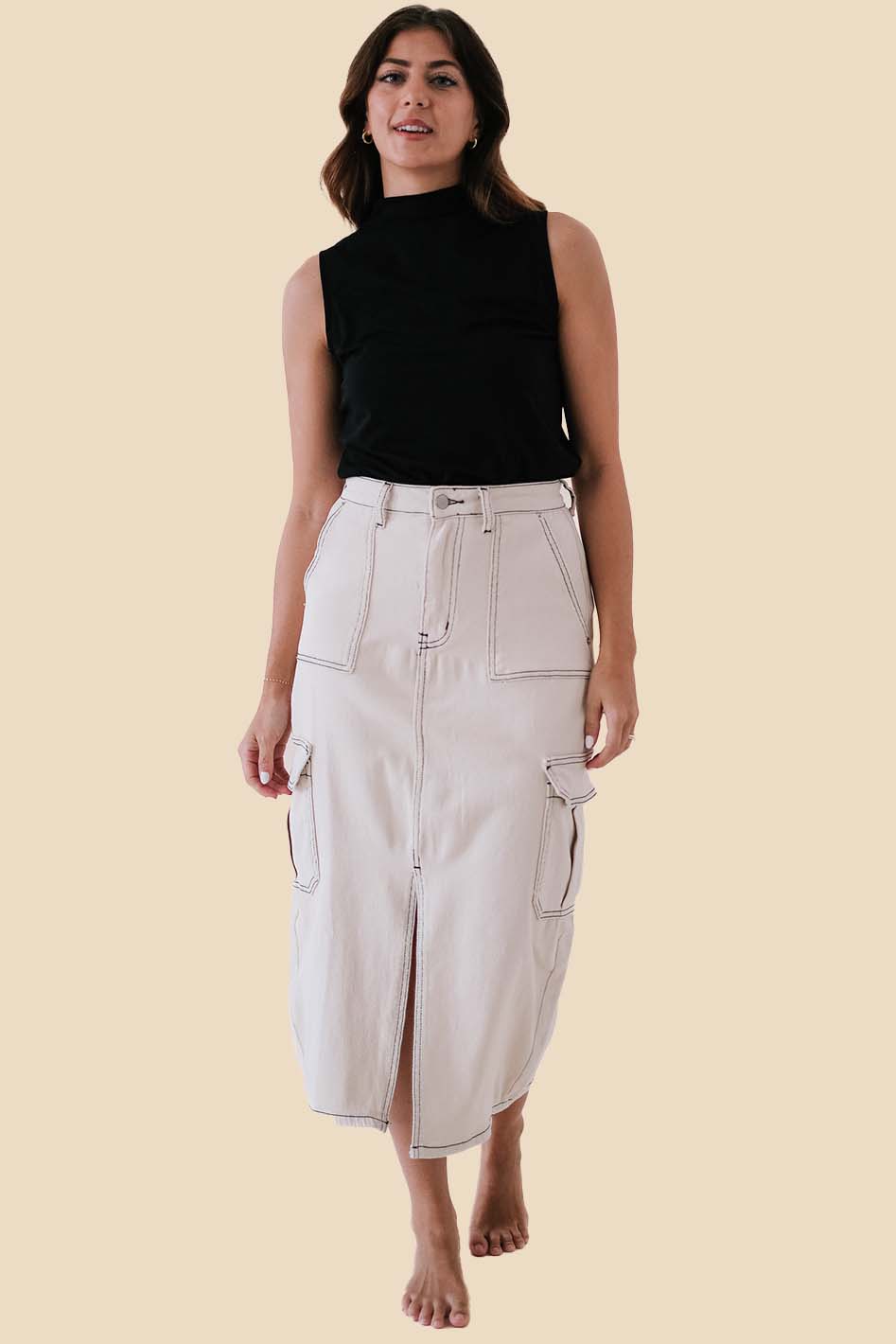 Miou Muse Jaz Cream Contrast Stich Denim Cargo Midi Skirt