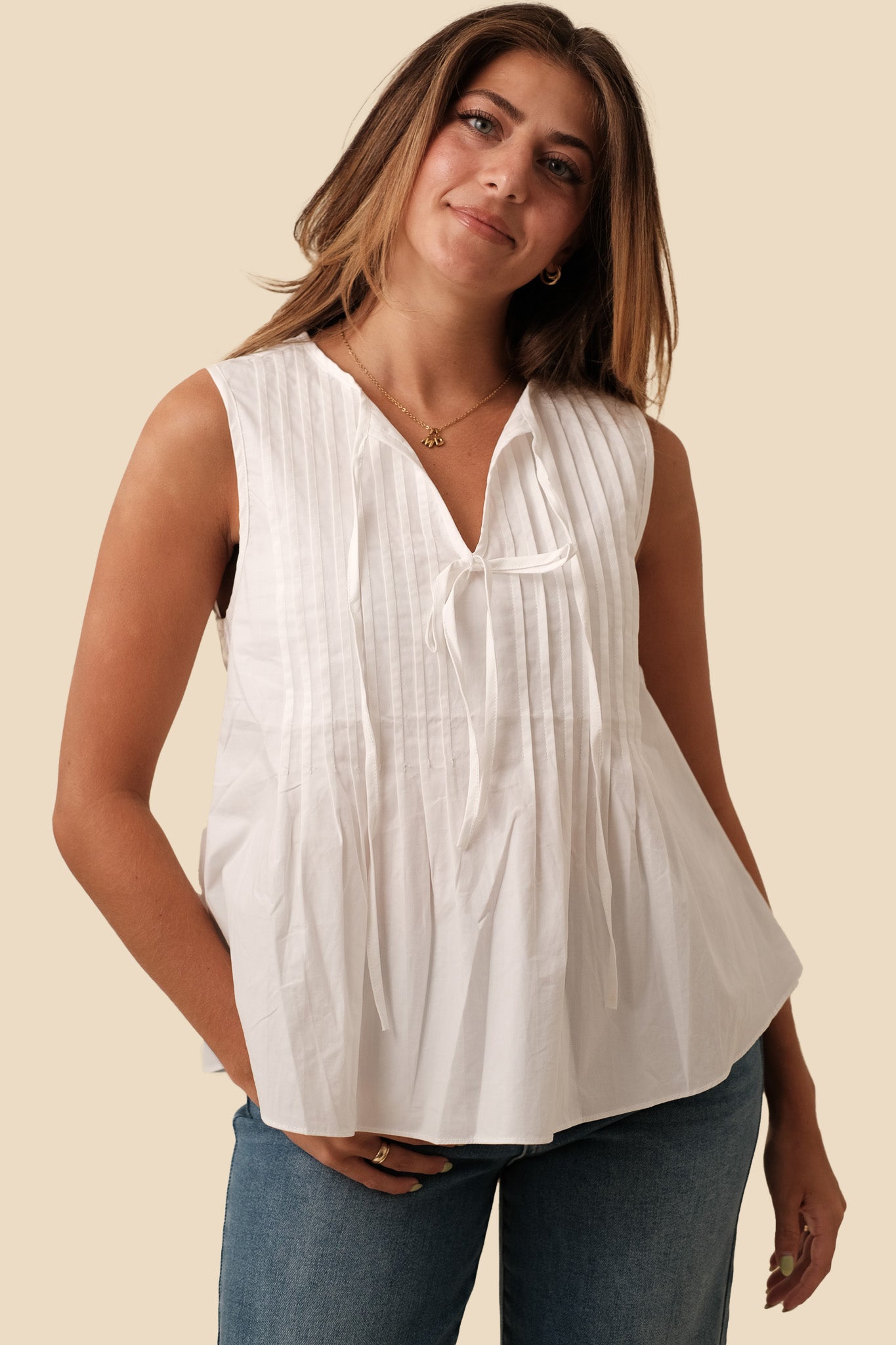 Charlotte Pintuck Poplin Cotton Sleeveless Top (White)