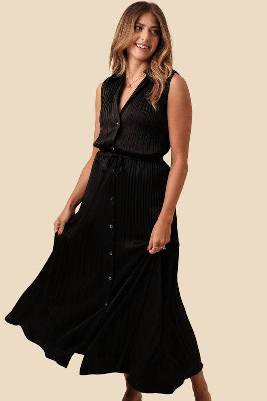 Current Air Vivian Plisse Buttoned Midi Dress (Black) XS