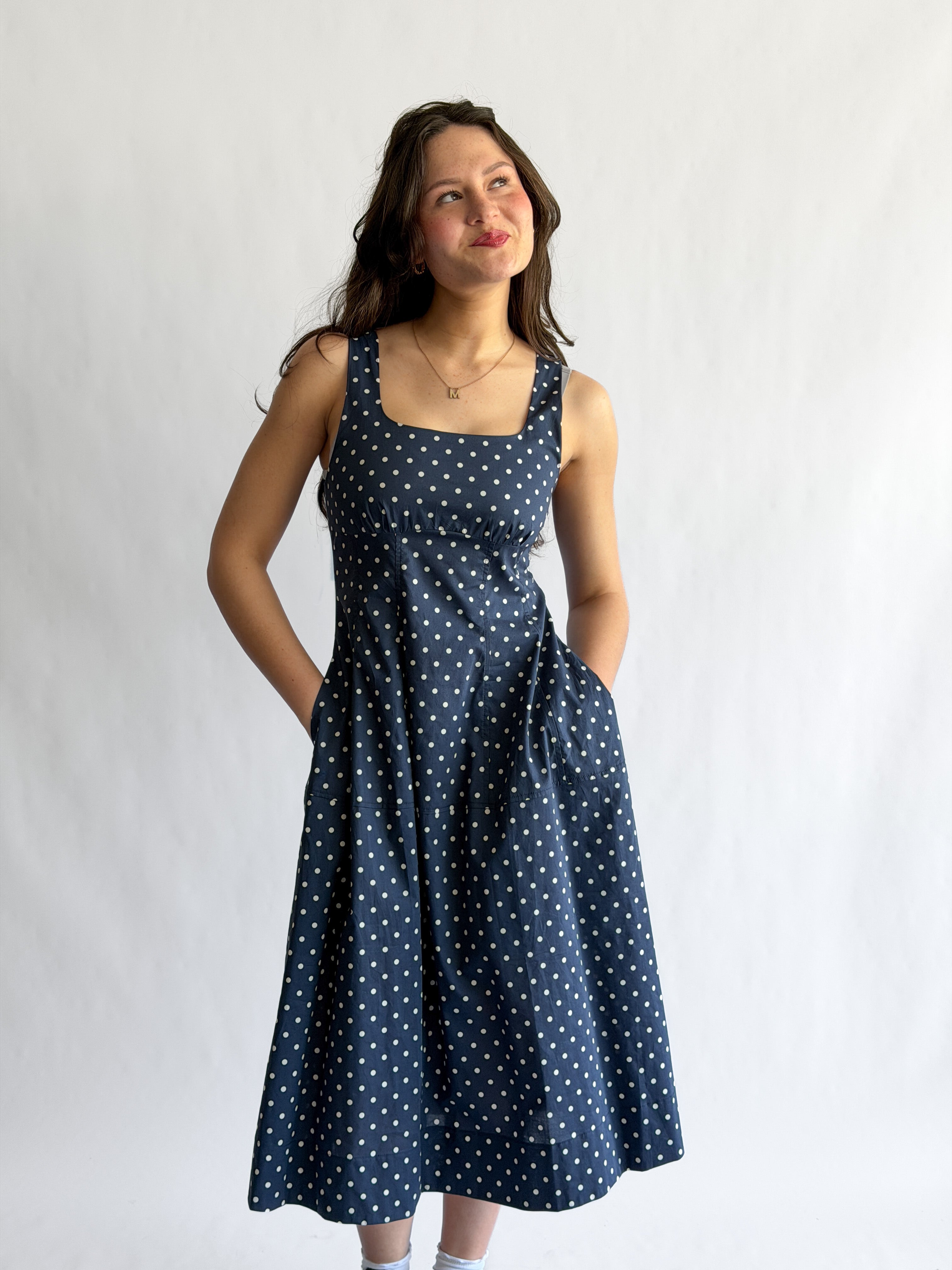 pinch dress Noelle Navy Polka Dot Tank Midi Perfect for brunch COLOR:Beige dress_type_Vintage Weddings Dresses Vintage Vintage