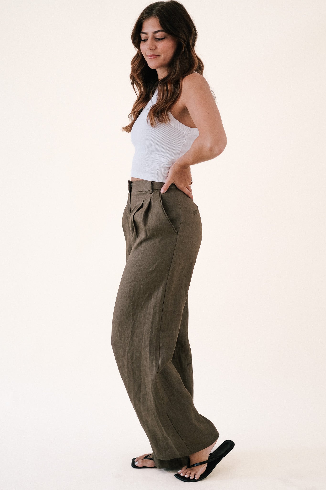 Lucy Paris Inara Olive Linen Pleated Wide Leg Pants