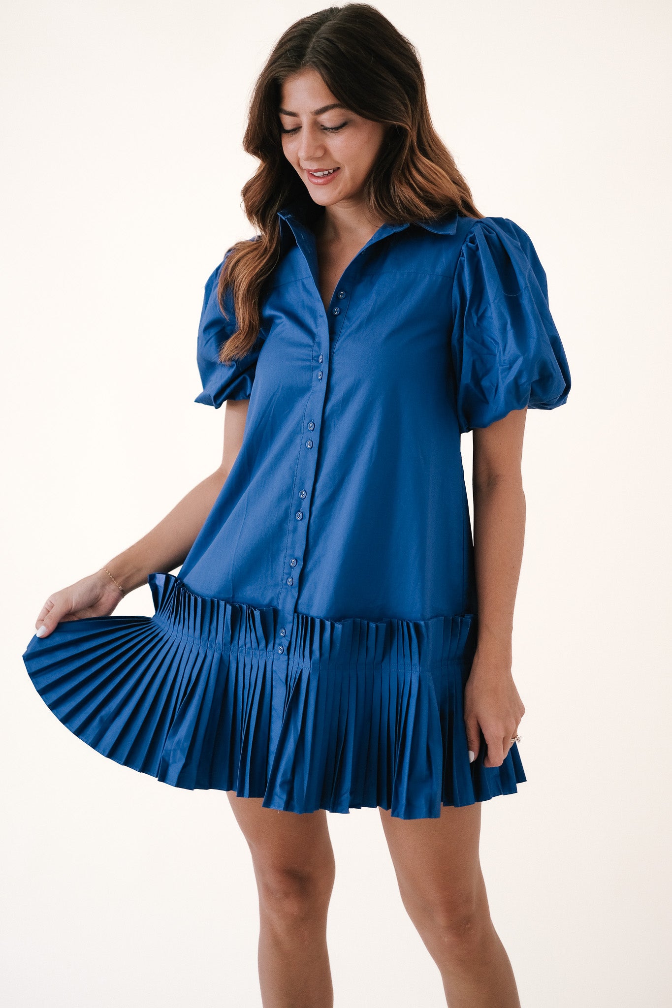 Aureum Blue Pleated Hem Buttoned Mini Dress
