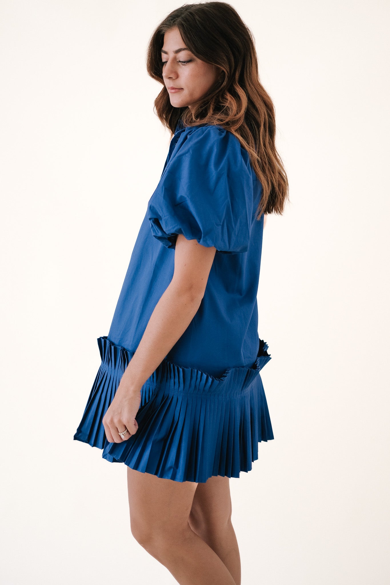 Aureum Blue Pleated Hem Buttoned Mini Dress