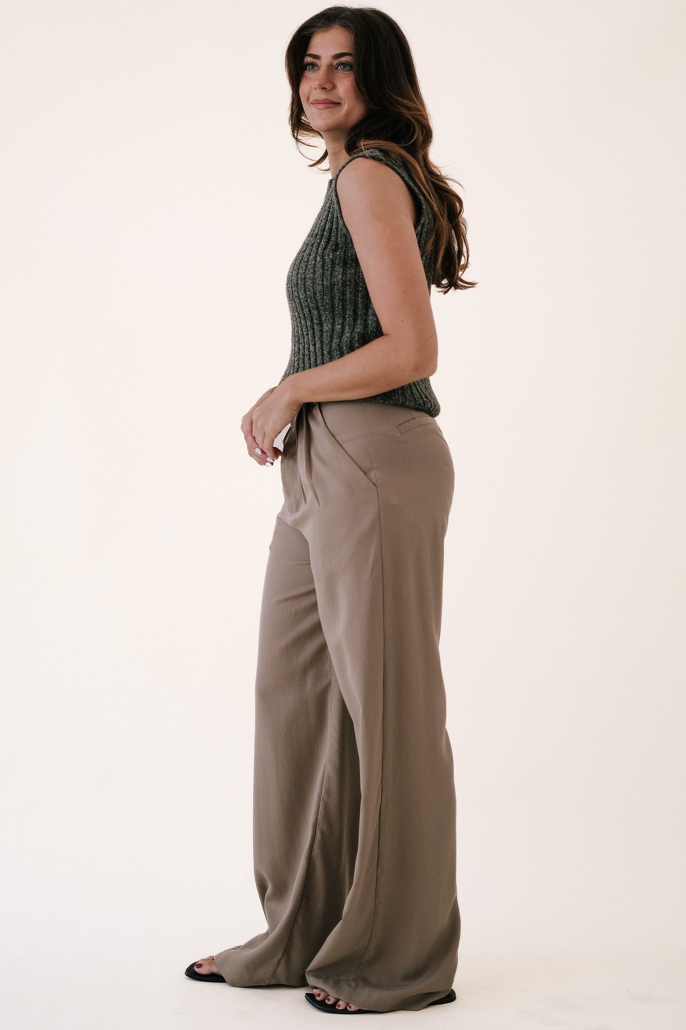 By Together Lydia Khaki Wide Leg Trouser Pants