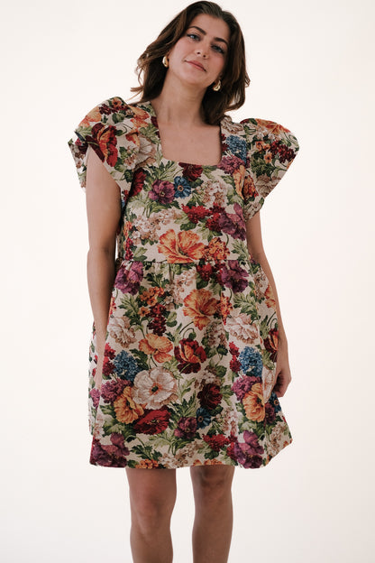 Lorelei Tapestry Floral Puff Sleeve Mini Dress (Taupe)