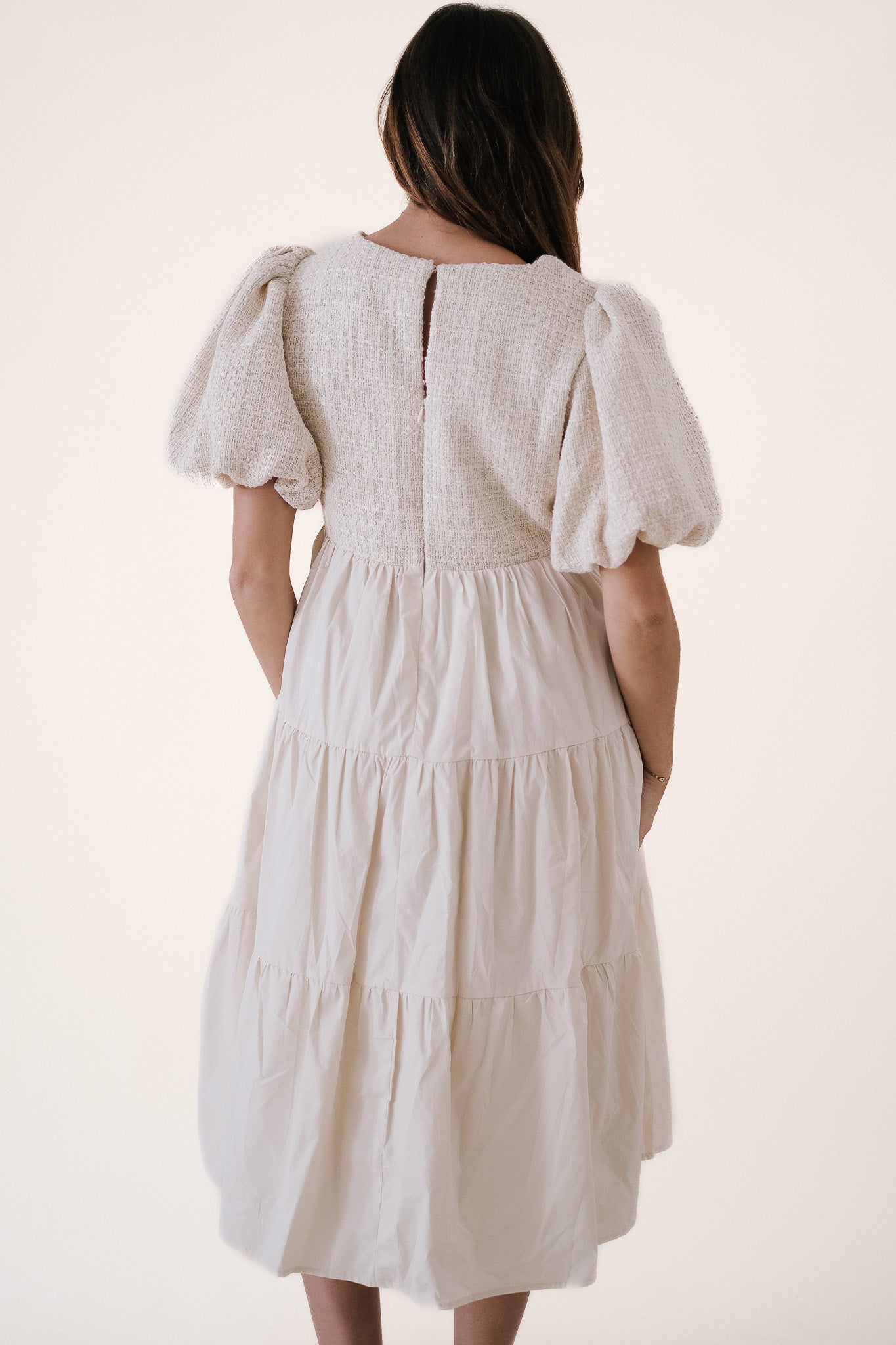 Aureum Maggie Beige Tweed Contrast Midi Dress