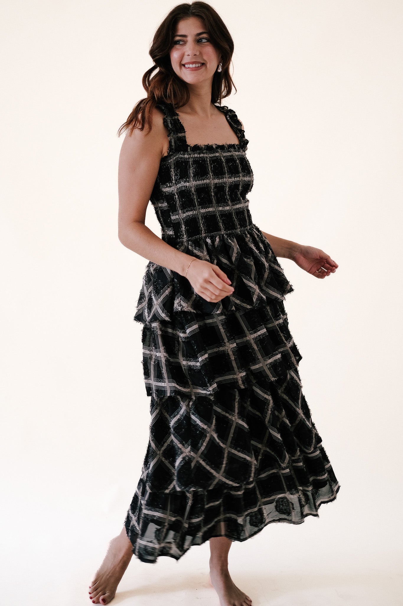 Aureum Stevie Grid Print Smocked Chiffon Midi Dress