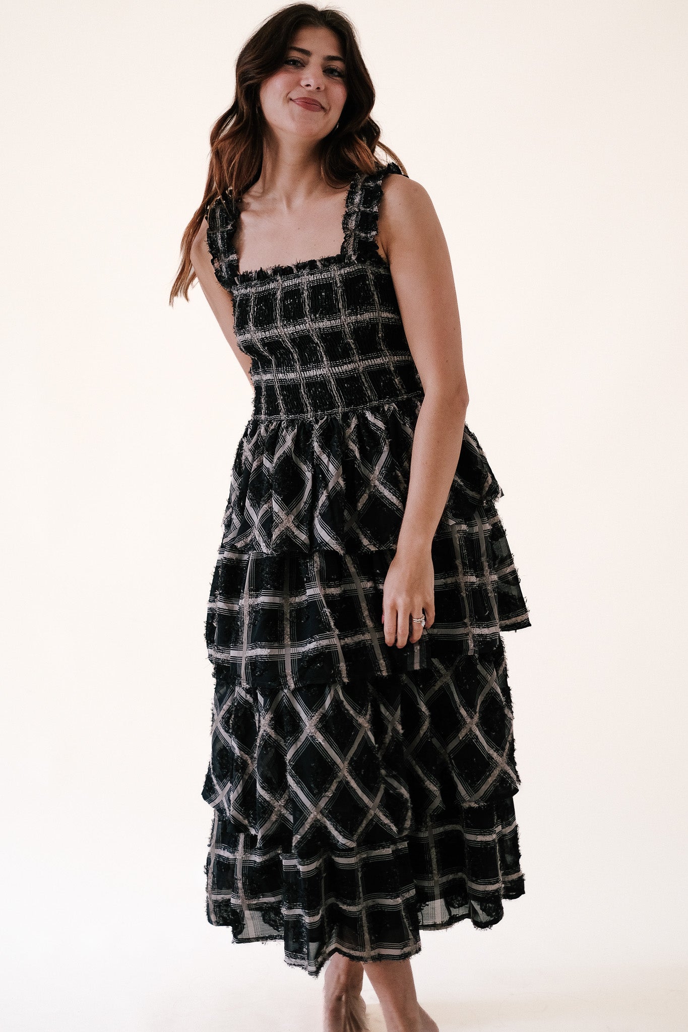 Aureum Stevie Grid Print Smocked Chiffon Midi Dress