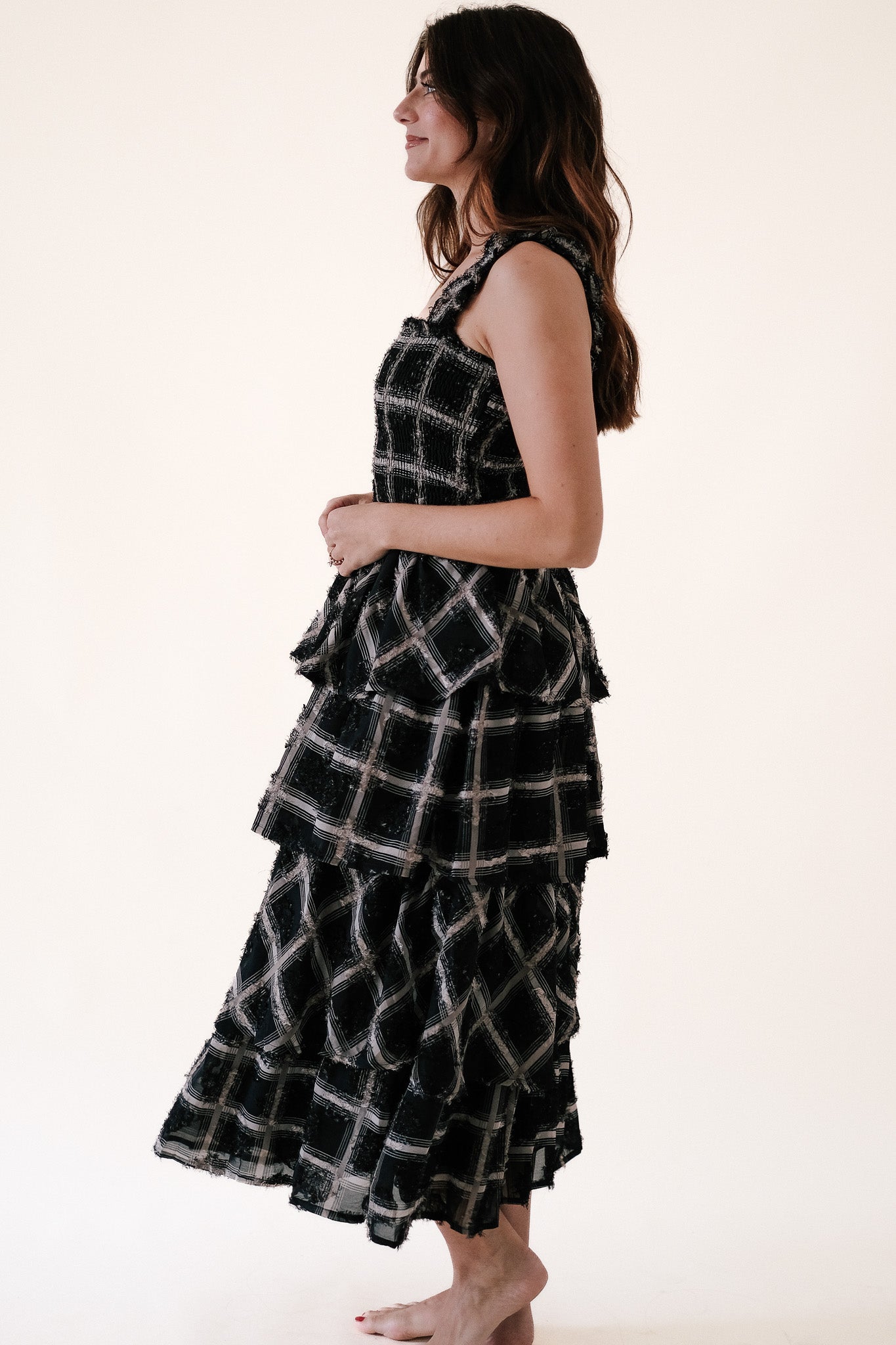 Aureum Stevie Grid Print Smocked Chiffon Midi Dress