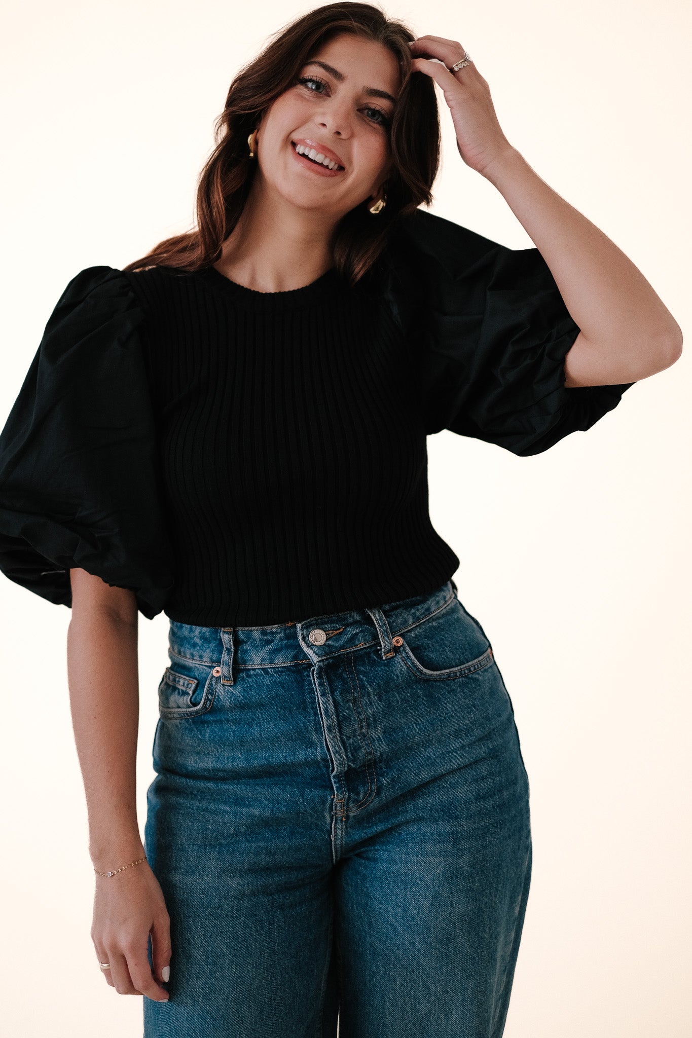 Sofie the Label Tori Contrast Puff Sleeve Top (Black)
