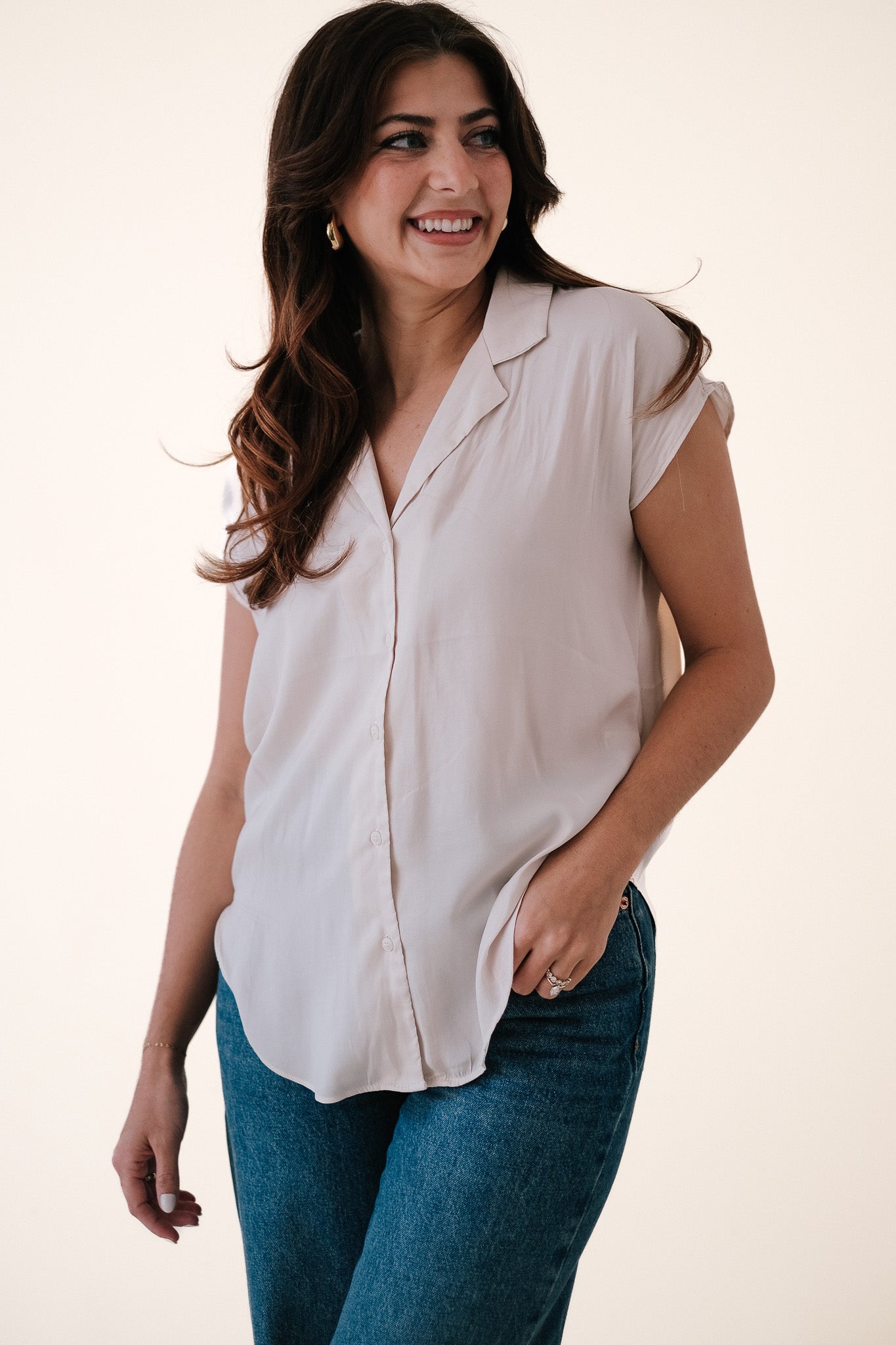 Miou Muse Tate Cream Satin Buttoned Top (S)