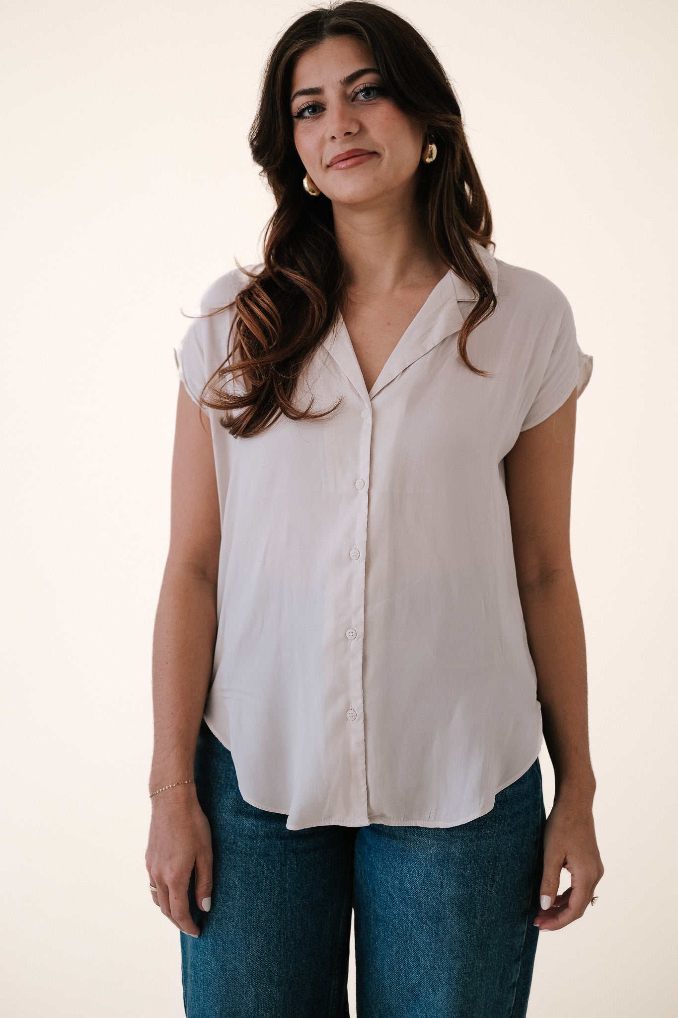 Miou Muse Tate Cream Satin Buttoned Top (S)