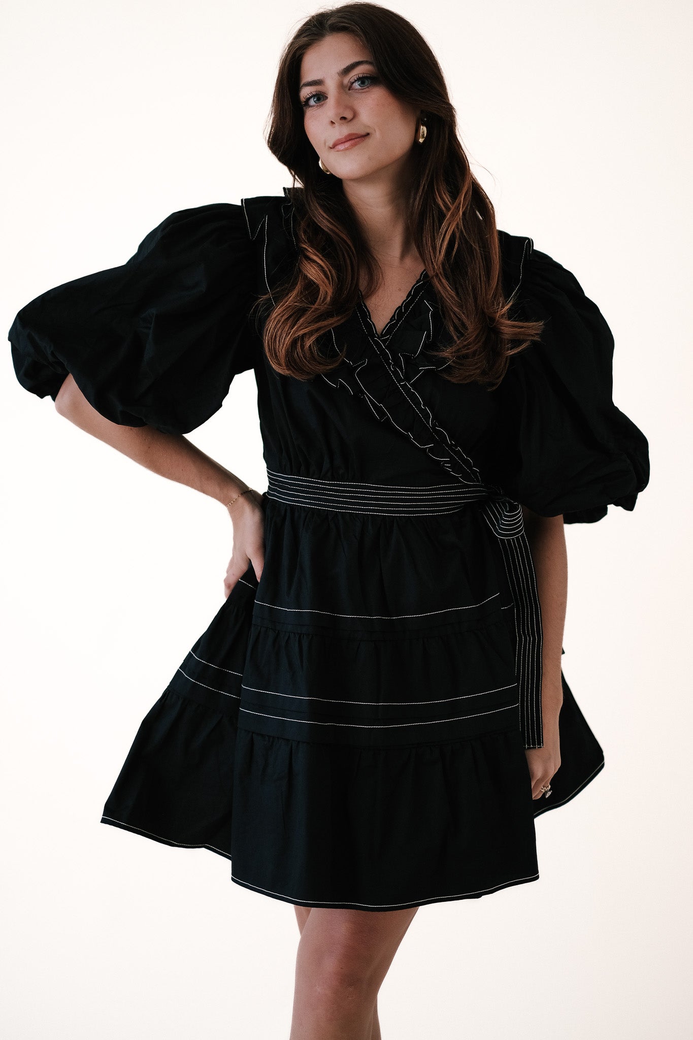 Sofie the Label Tabitha Contrast Stitch Wrap Mini Dress (Black)