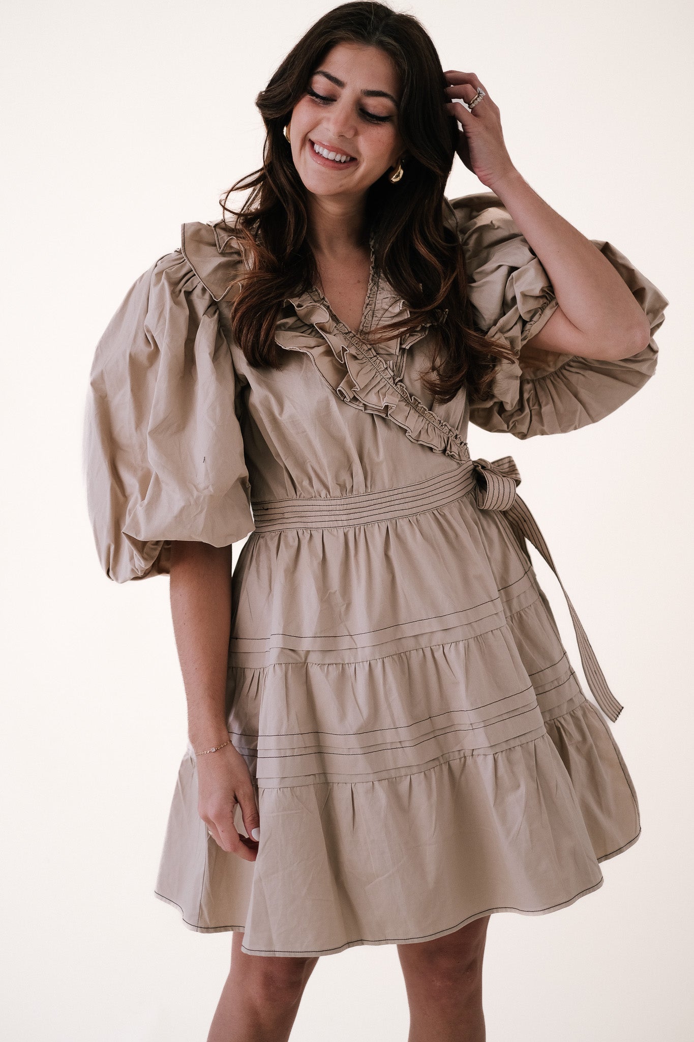 Sofie the Label Tabitha Contrast Stitch Wrap Mini Dress (Cream)