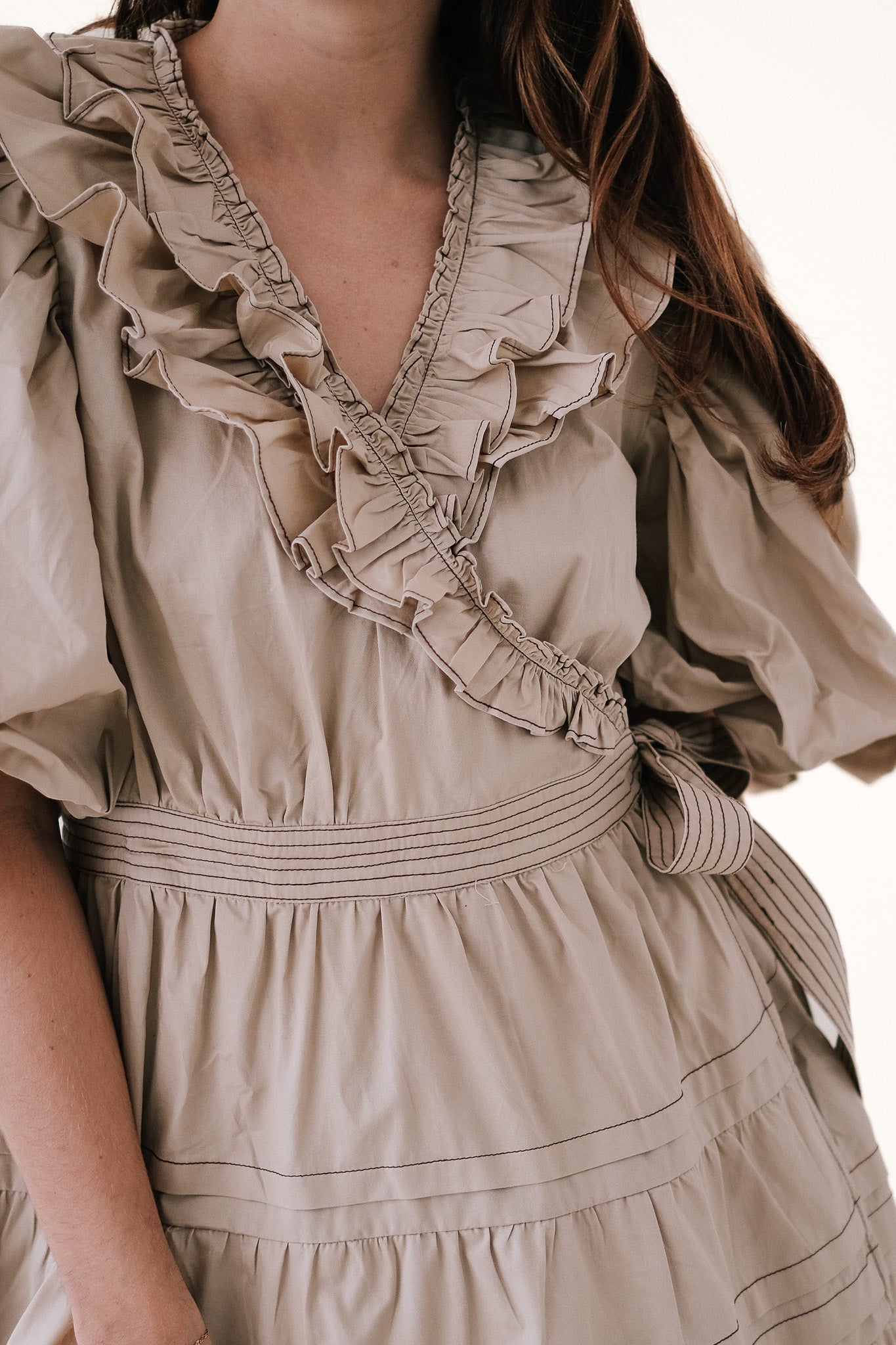 Sofie the Label Tabitha Contrast Stitch Wrap Mini Dress (Cream)