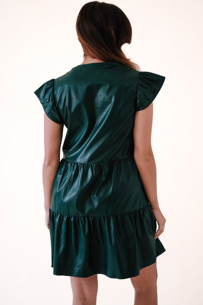 PINCH Faux Leather Tiered Mini Dress (Green) S