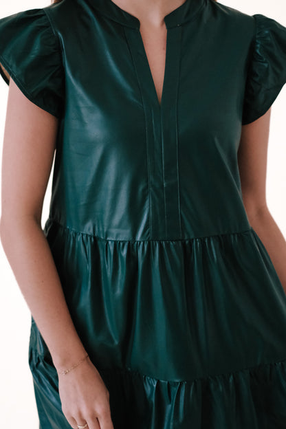 PINCH Faux Leather Tiered Mini Dress (Green) S