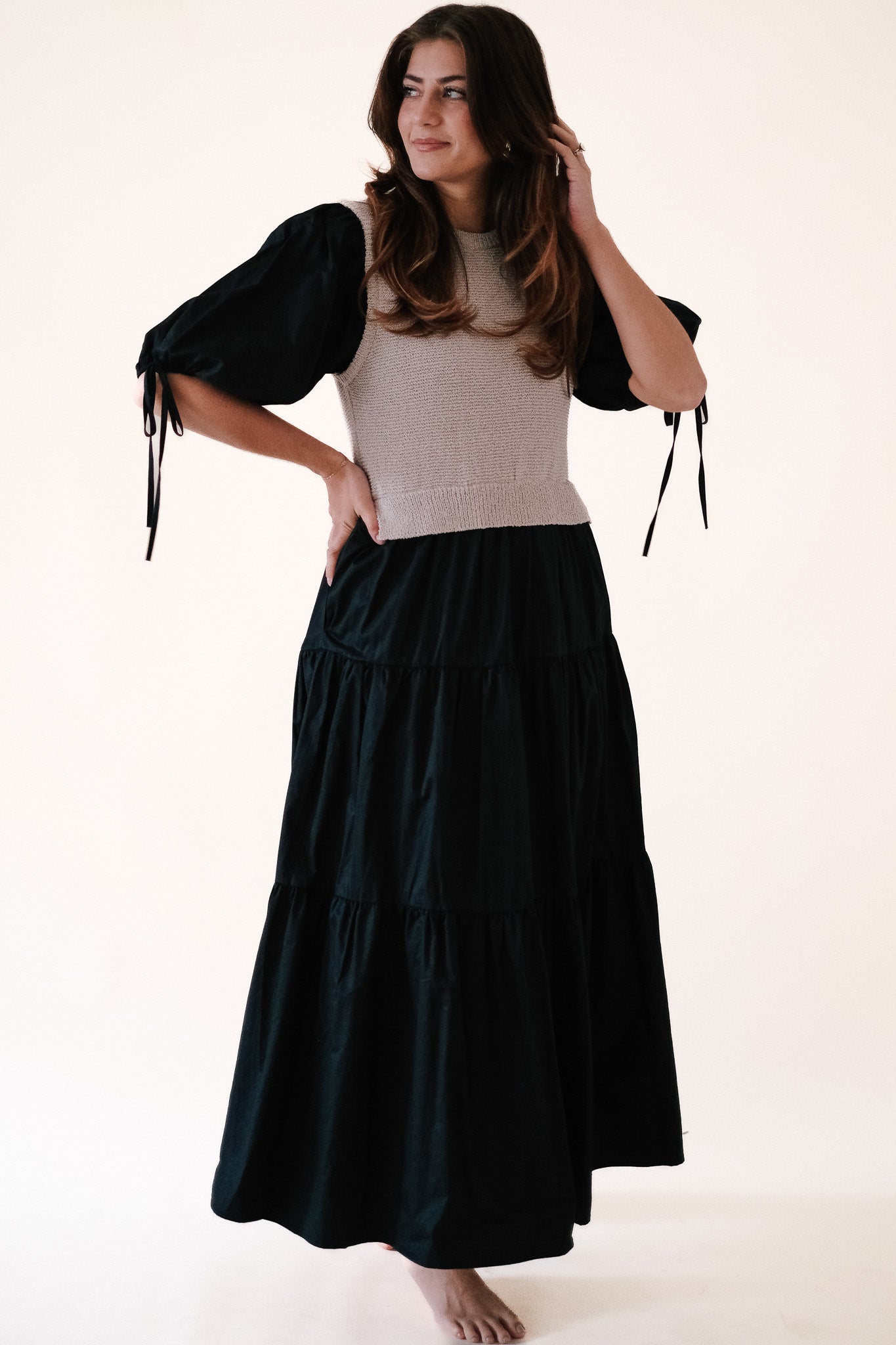Sofie the Label Valencia Mixed Knit Tiered Maxi Dress (Black)