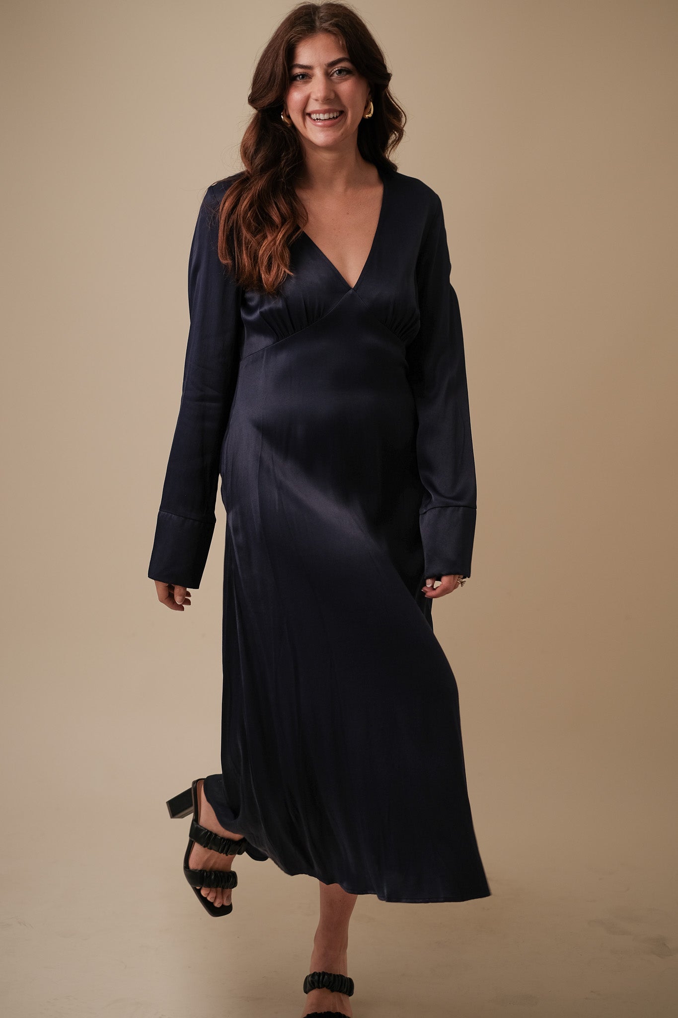 FRNCH Lisna Navy Sheen Long Sleeve Midi Dress