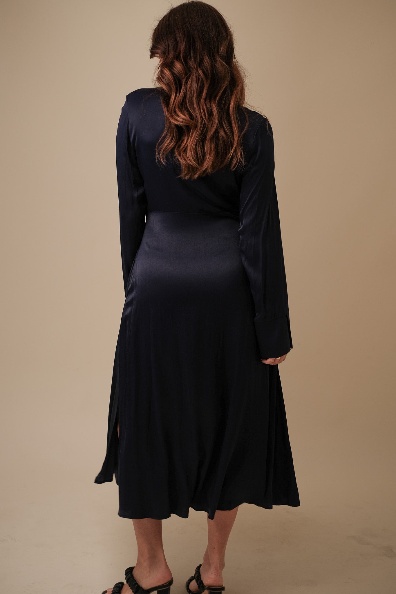 FRNCH Lisna Navy Sheen Long Sleeve Midi Dress