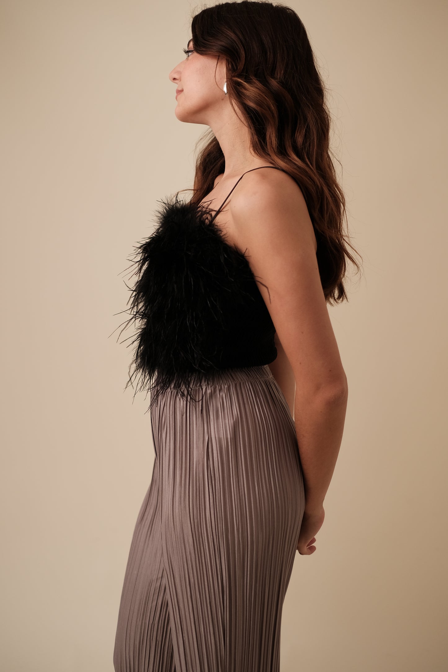 Lucy Paris Phoebe Black Feathered Crop Top (M)