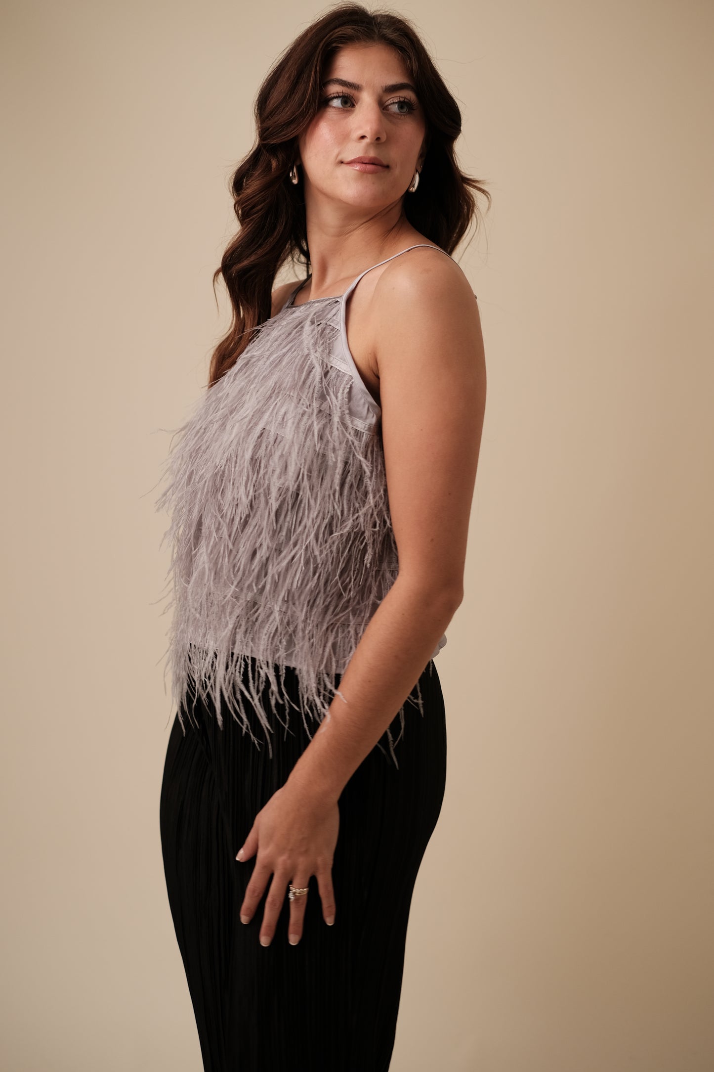 Lucy Paris Amanda Grey Feather Tiered Halter Top