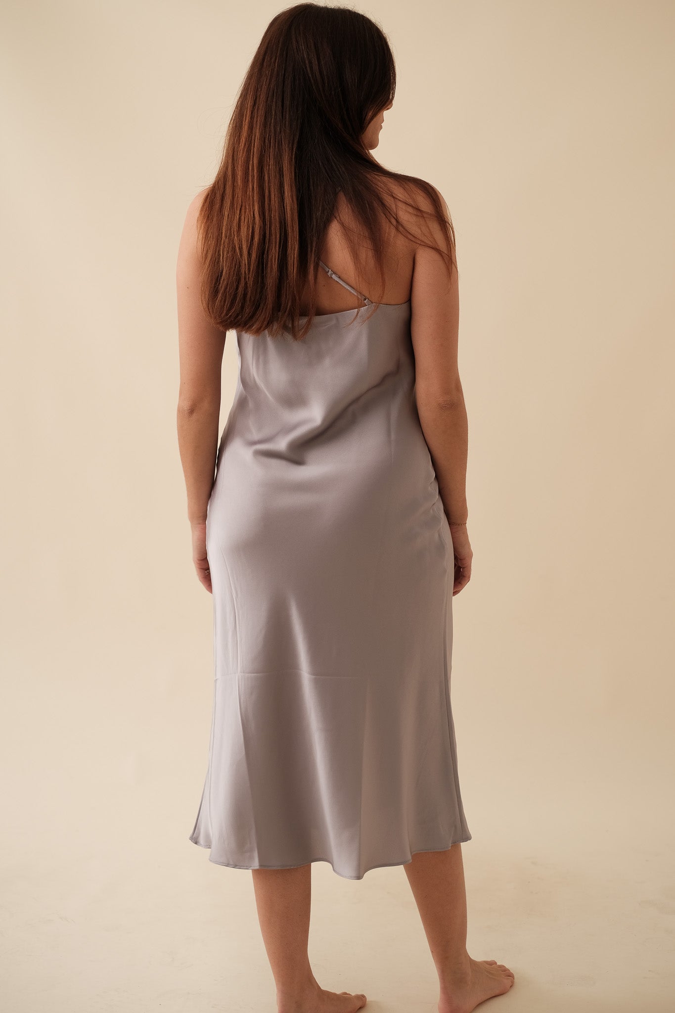 Lucy Paris Maya Slate Grey Satin Slip Midi Dress