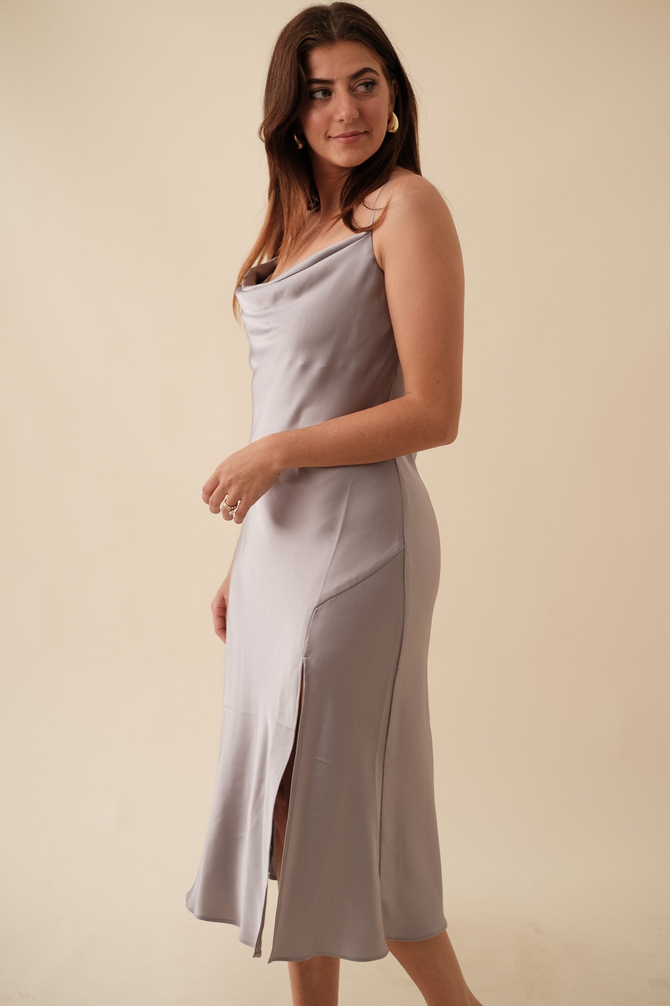 Lucy Paris Maya Slate Grey Satin Slip Midi Dress